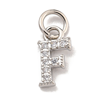 Initial Letter Brass with Cubic Zirconia Charms, Platinum, Long-Lasting Plated, Lead Free & Cadmium Free, Letter F, 10x5.5x1.5mm, ring: 5x1mm, inner diameter: 3mm