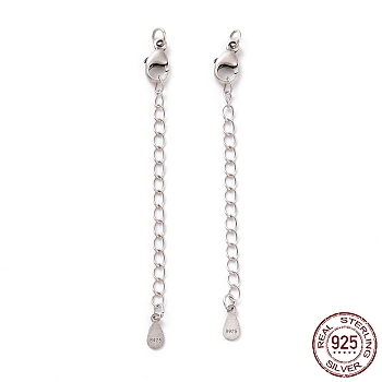 925 Sterling Silver Chain Extenders, with Lobster Claw Clasps & Charms, Teardrop, Antique Silver, 63x2.5mm, Hole: 2.4mm