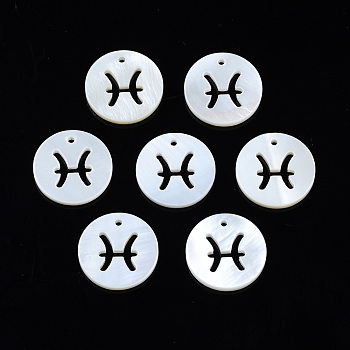 Natural Freshwater Shell Charms, Flat Round with Twelve Constellations, Hollow, Pisces, 12x1.5mm, Hole: 0.9mm