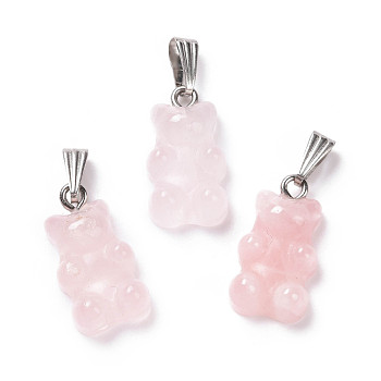 Natural Rose Quartz Pendants, with Stainless Steel Color Tone 201 Stainless Steel Findings, Bear, 27.5mm, Hole: 2.5x7.5mm, Bear: 21x11x6.5mm