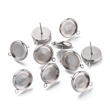 304 Stainless Steel Stud Earring Settings, with Loop, Flat Round, Stainless Steel Color, Flat Round: 17x14.5mm, Hole: 1.6mm, Pin: 0.8mm, Tray: 12mm