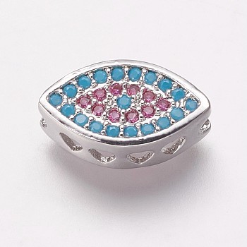 Brass Cubic Zirconia Beads, Horse Eye, Light Sky Blue&Violet, Platinum, 7.5x13x4mm, Hole: 1.5mm