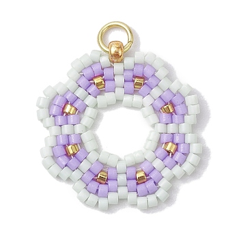 Handmade Seed Beads Pendants, with Elastic Thread, Loom Pattern, Flower, Violet, 23x22x3mm, Hole: 3.4mm
