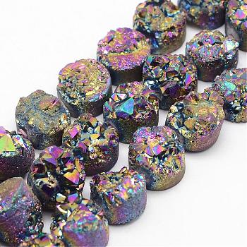 Electroplated Natural Druzy Quartz Crystal Bead Strands, Flat Round, Dyed, Colorful, 7~12x5~10mm, Hole: 1.5mm, about 16pcs/strand, 7.8 inch