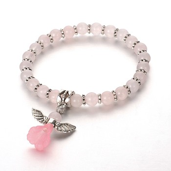 Trendy Natural Rose Quartz Beaded Acrylic Charm Bracelets, with Tibetan Style Alloy Beads, Lovely Wedding Dress Angel Dangle, Antique Silver, 48mm