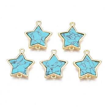 Brass Connector Charms, with Synthetic Turquoise, Cadmium Free & Nickel Free & Lead Free, Real 18K Gold Plated, Star, Dark Turquoise, 17x15.5x3mm, Hole: 1.2mm