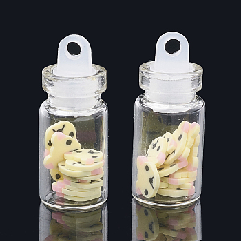 Handmade Polymer Clay Nail Art Decoration Accessories, with Glass Wishing Bottle and CCB Plastic Bottle Stopper, Bear, Light Yellow, 4~7x4~8x0.1~1mm, bottle: 27.5x11mm, hole: 3mm