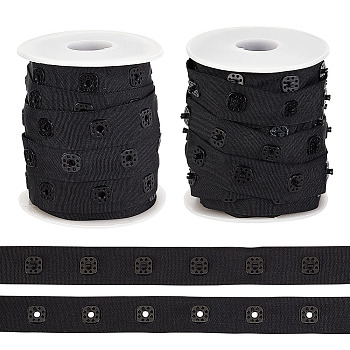 10 Yards Plastic Snap Button Tape Trim Polyester Ribbons, Sewing Snap Fastener Tape for Clothes, Flat, with 1Pc Plastic Empty Spools, Black, 3/4 inch(19mm)