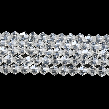 Transparent Electroplate Glass Beads Strands, Pearl Luster Plated, Faceted, Bicone, Clear, 3x2.5mm, Hole: 0.7mm, about 162~185pcs/strand, 12.76~14.61 inch(32.4~37.1cm)