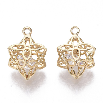 Brass Micro Cubic Zirconia Charms, Real 18K Gold Plated, Nickel Free, Hollow, Cube with Flower, Clear, 14x12x12mm, Hole: 1.4mm