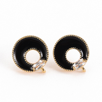 Brass Clear Cubic Zirconia Stud Earring Findings, with Loop & Enamel, Nickel Free, Real 18K Gold Plated, Donut, Black, 11.5mm, Hole: 0.8mm, Pin: 0.7mm