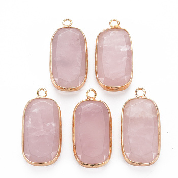 Natural Rose Quartz Pendants, with Golden Plated Brass Edge and Loop, Rectangle, 31.5x15x6~7mm, Hole: 2.5mm