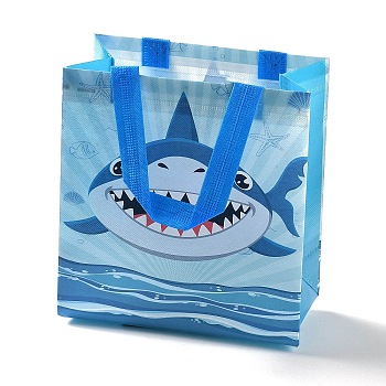 Cartoon Printed Shark Non-Woven Reusable Folding Gift Bags with Handle, Portable Waterproof Shopping Bag for Gift Wrapping, Rectangle, Dodger Blue, 11x21.5x23cm, Fold: 28x21.5x0.1cm