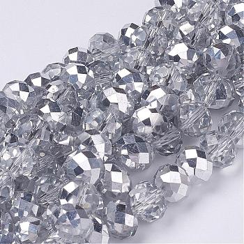 Electroplate Glass Bead Strands, Half Silver Plated, Faceted, Rondelle, Clear, 10x7mm, Hole: 1mm, about 70~72pcs/strand, 19.8 inch