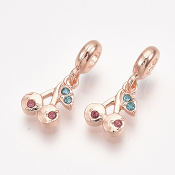 Alloy European Dangle Charms, with Rhinestone, Large Hole Pendants, Cherry, Rose Gold, 25mm, Hole: 4mm