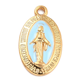 Golden Alloy Enamel Pendants, Long-Lasting Plated, Our Lady of the Miraculous Medal, Oval, Light Cyan, 21x12x1.5mm, Hole: 1.7mm