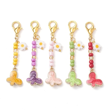 Glass Seed Bead Pendant Decorations, with Alloy Enamel Butterfly Charms, Mixed Color, 65mm