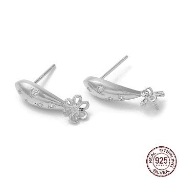 Rhodium Plated Flower 925 Sterling Silver Micro Pave Cubic Zirconia Stud Earring Findings, for Half Drilled Beads, with S925 Stamp, Real Platinum Plated, 19x5.5mm, Pin: 0.9mm and 11x0.9mm