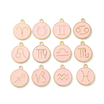 (Defective Closeout Sale: Blackening) Alloy Enamel Pendants, Flat Round with Twelve Constellation Charms, Misty Rose, 21.5x18x2mm, Hole: 1.8mm, about 12pcs/set