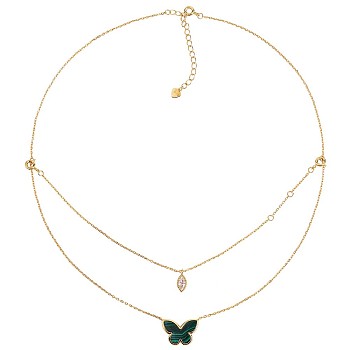 Natural Malachite Butterfly & Cubic Zirconia Oval Pendant Double Layered Necklace, 925 Sterling Silver Charms Bracelet Necklace Jewelry Set for Women, Real 18K Gold Plated, 15.35 inch(39cm)