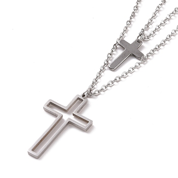 Stainless Steel Hollow Out Cross Pendant Double Layer Necklace with Cable Chains for Men Women, Stainless Steel Color, 15.55 inch(39.5cm)