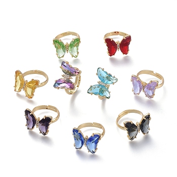 Adjustable Brass Glass Finger Rings, with Clear Cubic Zirconia, Butterfly, Golden, Mixed Color, Size 7, Inner Diameter: 17mm