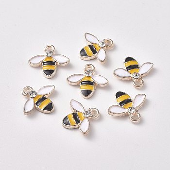 Alloy Enamel Charms, with Crystal Rhinestone, Bees, Light Gold, 14x15x3.5mm, Hole: 2mm