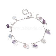 Natural Fluorite Chips & Moon Charms Anklet, 304 Stainless Steel Jewelry for Women, 9~9-1/8 inch(22.8~23cm)(AJEW-AN00512-06)