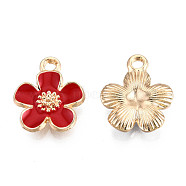 Eco-Friendly Zinc Alloy Pendants, with Enamel, Cadmium Free & Nickel Free & Lead Free, 5- Petal Flower, Light Gold, Red, 16x13x3mm, Hole: 1.8mm(X-FIND-N048-44B-NR)