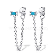 Rhodium Plated Platinum 925 Sterling Silver Chains Front Back Stud Earrings, with Rectangle Cubic Zirconia, Sky Blue, 48x4mm(PA4661-7)