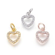 Brass Micro Pave Cubic Zirconia Charms, Lead Free & Cadmium Free, Clear, Heart, Mixed Color, 10.5x9x2mm, Hole: 3mm(ZIRC-J021-03-RS)