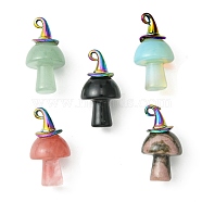 Mixed Gemstone Pendants, Mushroom Charms, with Rainbow Color Plated Alloy Witch Hat Pendant Bails, 31x16mm, Hole: 1.8mm(PALLOY-JF02184)