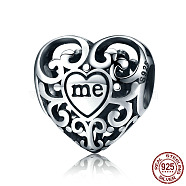 925 Sterling Silver European Beads, Large Hole Beads, Heart with Word Me, Antique Silver, 12x12x8mm, Hole: 4.2~4.5mm(STER-FF0009-08AS-12)