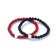 Feng Shui Natural Black Agate & Synthetic Grass Coral Beaded Stretch Bracelets, with 925 Sterling Silver Beads and Jewelry Box, Flat Round with Yin Yang, 2-1/8 inch(55mm), 2pcs/set(BJEW-JB05022-03)