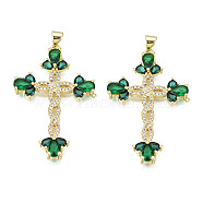 Brass Micro Pave Cubic Zirconia Pendants, with Brass Snap on Bails, Real 18K Gold Plated, Nickel Free, Cross, Green, 42x27.5x5mm, Hole: 3x5mm(KK-N227-85C)