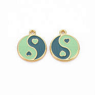 Rack Plating Alloy Enamel Charms, Cadmium Free & Lead Free, Light Gold, Flat Round with Yin Yang, Teal, 13.5x11.5x1mm, Hole: 1.2mm(ENAM-Q444-011A-RS)