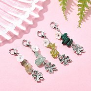 Natural Malachite & Prehnite & Peridot & Green Aventurine Chip Pendant Decorations, Alloy Clover and Lobster Claw Clasps Charms for Bag Ornaments, Antique Silver, 48mm, 4pcs/set(HJEW-JM02712)