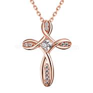 Real Rose Gold Plated Brass Cubic Zirconia Cross Pendant Necklaces, 18 inch(NJEW-BB05740-RG)