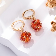 Brass Micro Pave Cubic Zirconia Leverback Earrings, Long-Lasting Plated, Rack Plating, Lead Free & Cadmium Free, Flower, Golden, Orange Red, 26x10mm(EJEW-K300-58G-01)