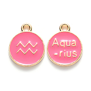 Alloy Enamel Pendants, Cadmium Free & Lead Free, Flat Round with Constellation, Light Gold, Cerise, Aquarius, 15x12x2mm, Hole: 1.5mm(X-ENAM-S124-01B-03J)