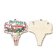 Single Face Christmas Printed Wood Big Pendants, Cattle Head Charms with Merry Christmas, Colorful, 55x47.5x2.5mm, Hole: 2mm(WOOD-D025-19)