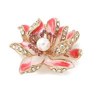 Lotus Enamel Pins, Alloy Rhinestone Brooches, with Plastic Pearl for Backpack Clothes, Light Coral, 33x42mm(JEWB-R051-04KCG)