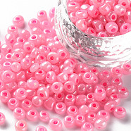 6/0 Glass Seed Beads, Ceylon, Round, Round Hole, Pink, 6/0, 4mm, Hole: 1.5mm, about 500pcs/50g, 50g/bag, 18bags/2pounds(SEED-US0003-4mm-145)