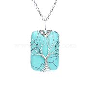 Synthetic Turquoise Pendant Necklace with Brass Cable Chains, Rectangle with Tree, 20.47 inch(52cm)(PW23042505808)