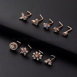 316L Surgical Stainless Steel Clear Cubic Zirconia L-Shaped Nose Rings, Flower, Rose Gold, 7mm, Pin: 0.8mm(WG135CD-06)