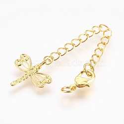 Brass Chain Extender, with Lobster Claw Clasps, Cadmium Free & Nickel Free & Lead Free, Long-Lasting Plated, Dragonfly, Real 18K Gold Plated, 70~75x3mm, Hole: 2.5mm, Clasps: 10x6x3mm(KK-I633-50G-NR)