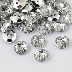 2-Hole Taiwan Acrylic Rhinestone Flat Round Buttons, Faceted & Silver Plated Pointed Back, White, 18x6mm, Hole: 1mm(BUTT-F015-18mm-02)