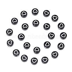 Craft Style Acrylic Beads, Flat Round with Heart, Black, 7x3.5mm, Hole: 1.5mm, about 400pcs/50g(X-MACR-T023-24A)