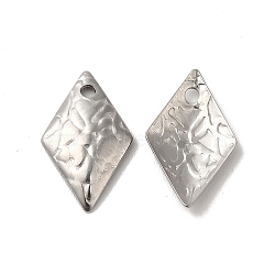 304 Stainless Steel Pendant, Textured Rhombus Charm, Stainless Steel Color, 16x9.5x2mm, Hole: 1.2mm(STAS-H212-32P)