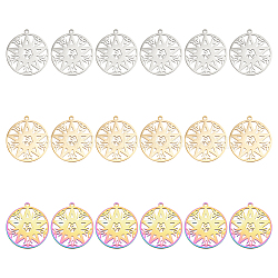 18Pcs 3 Colors 304 Stainless Steel Pendant,  Hollow Charms, Flat Round with Star, Mixed Color, 27x25x1.5mm, Hole: 1.5mm, 6pcs/color(STAS-DC0012-38)
